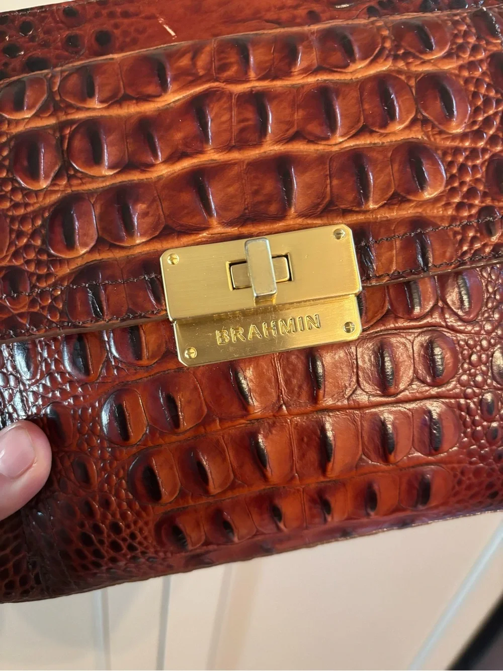 BRAHMIN Melbourne Manhattan Pecan Croc Embossed Leather Turnlock Crossbody Bag
